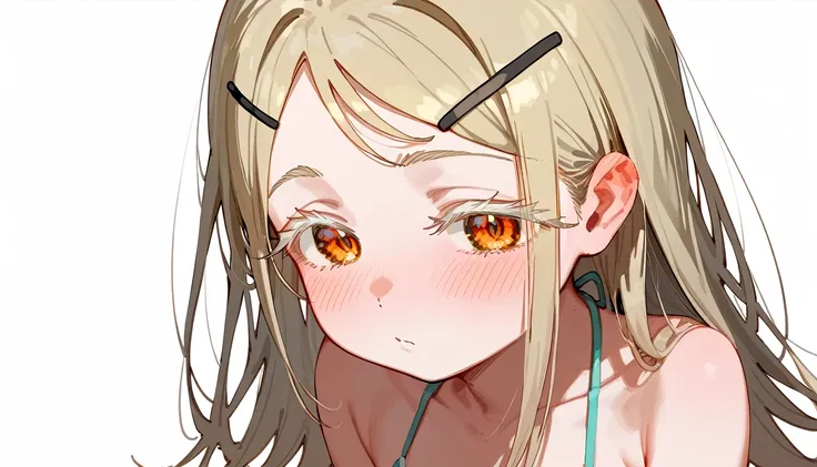 Highest quality, masterpiece, No correction, Beark,shinosawa hiro,thin,Orange eyes,White eyelashes,Blonde,Long Hair,Hair Clip,flat chest,white background,micro bikini,blush,