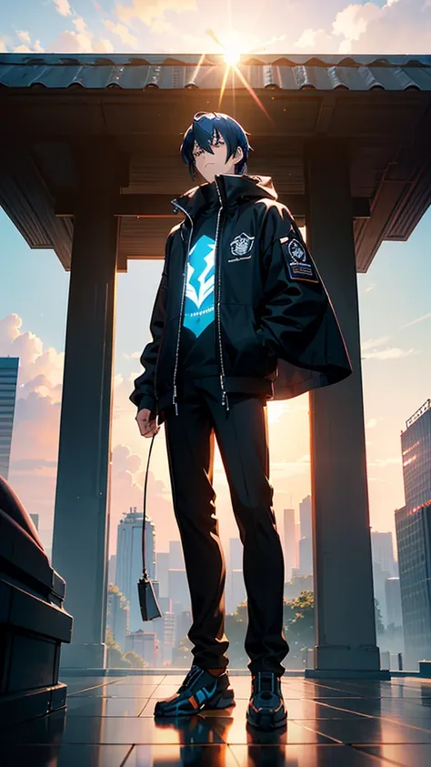 Sunset sky Style, a large black monster standing, futuristic style, Atey Ghailan and Moebius styles, creating an atmosphere that reflects high-tech aesthetics. Surrounded by outer space , Japanese anime style, Gaming texture, wearing a futuristic cyberneti...