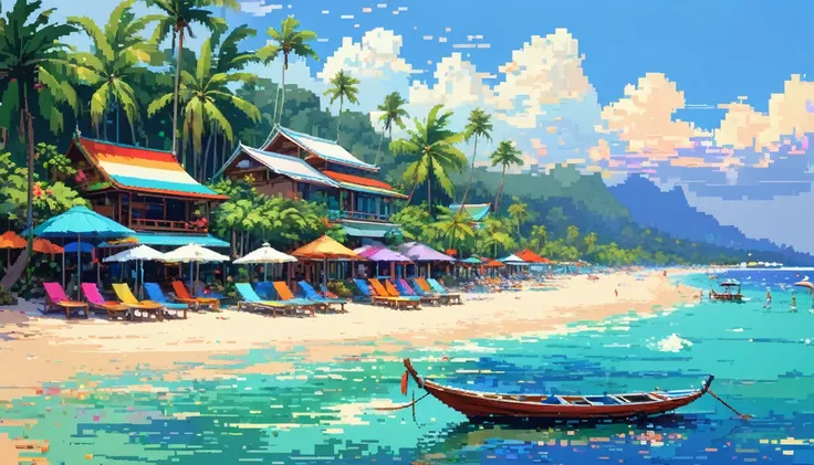 Pixel art，Thai Artist、Gil Vrubel uses colorful brushstrokeidsummer beach。Resort Mood。