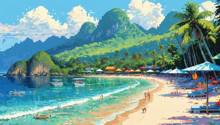 Pixel art，Thai Artist、Gil Vrubel uses colorful brushstrokeidsummer beach。Resort Mood。