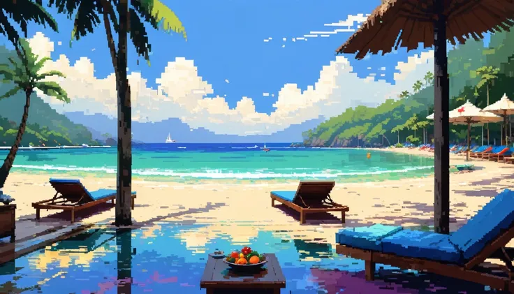 Pixel art，Thai Artist、Gil Vrubel uses colorful brushstrokeidsummer beach。Resort Mood。