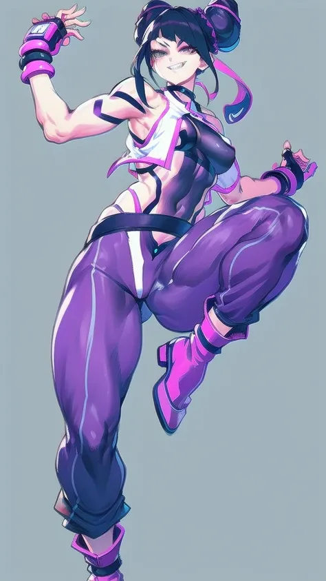 Full body image of Juri Han from Street Fighter 6, wearing her original outfit (purple and black bodysuit with pink accents, high boots, and fingerless gloves), short black hair styled in twin buns, female body, athletic and flexible body, dynamic pose, de...