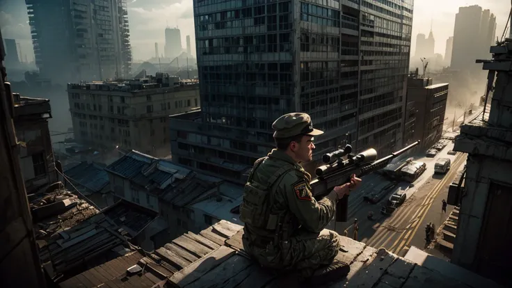 Sniper aiming at dictator with sniper rifle、From the roof of the building、night、Dramatic lighting、Cinematic composition、Very detailed、Photorealistic、8k、Chiaroscuro Lighting、Dramatic Shadows、strongな表情、strongな視線、strongな感情、Strong presence、Intimidating、Authori...