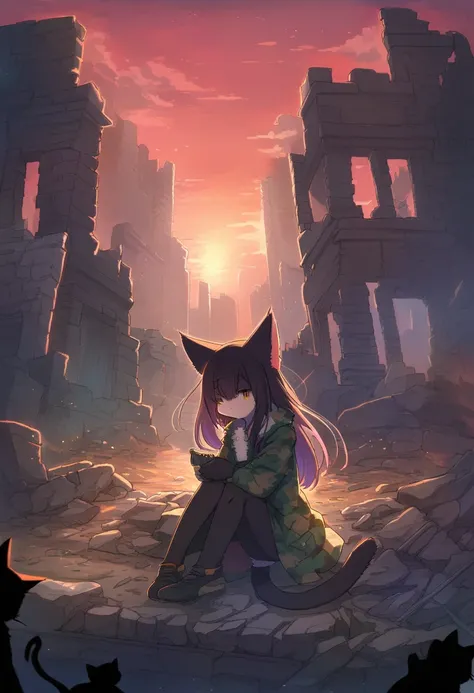 ((Masterpiece)), ((Best Quality)), (Very Detailed), ((Very Detailed)), 4K, (8K), very aesthetic, absurdres highres, 1 girl, (anthropomorphic cat, furry, kemono:1.8), Sniper in the ruins of the battlefield at sunset. Wearing camouflage clothing, he holds a ...