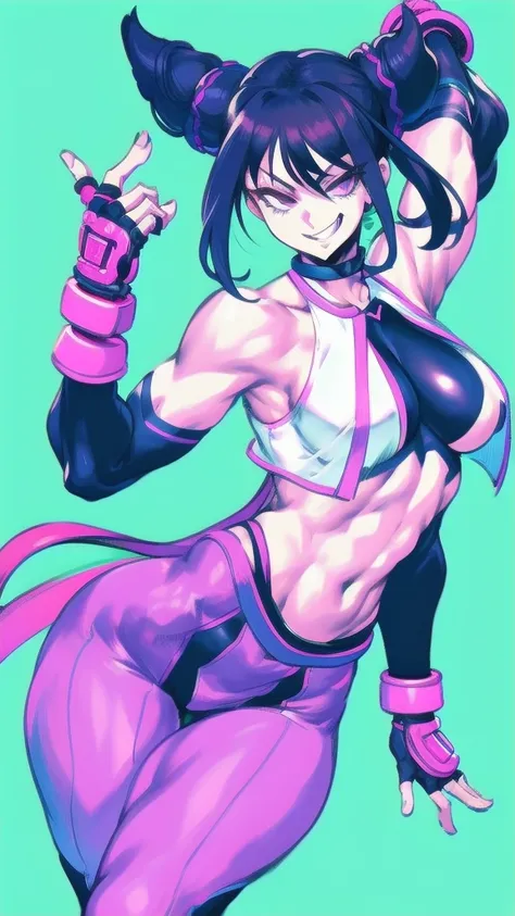 Full body image of Juri Han from Street Fighter 6, wearing her original outfit (purple and black bodysuit with pink accents, high boots, and fingerless gloves), short black hair styled in twin buns, female body, athletic and flexible body, dynamic pose, de...