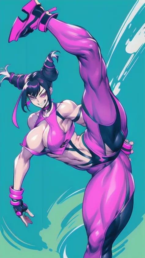 Full body image of Juri Han from Street Fighter 6, wearing her original outfit (purple and black bodysuit with pink accents, high boots, and fingerless gloves), short black hair styled in twin buns, female body, athletic and flexible body, dynamic pose, de...