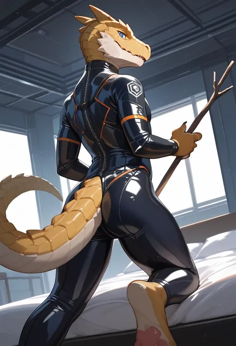 Highest quality, Highest quality, High quality illustrations, masterpiece, Ultra-high resolution, Detailed Background, room, On the bed, Absurd, Perfect Anatomy, performance, Good lighting, Shadows in the movies(kemono, Furry Personifi猫ion), Lizardman, Blu...