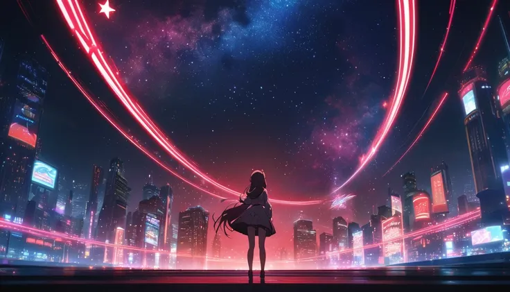 Anime girl in front of a dark red starry sky background in a full body pose in the anime style. Red neon lights and sparkling stars illuminate the night city sky in an anime composition. Fantasy scene with high resolution, high quality, high detail cinemat...