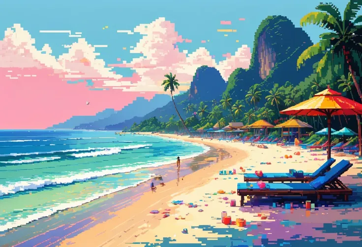 Pixel art，Thai Artist、Gil Vrubel uses colorful brushstrokeidsummer beach。Resort Mood。