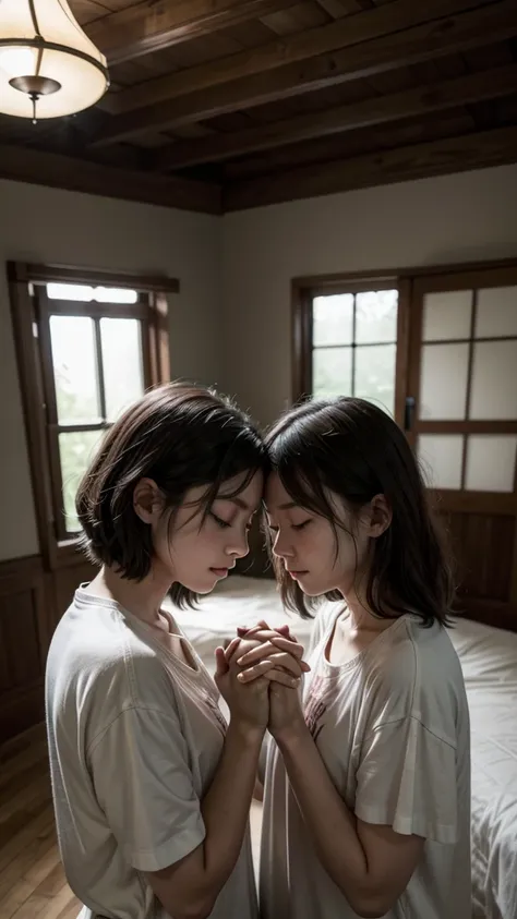 make a couple praying together holding hands with eyes closed realistic inside a room
