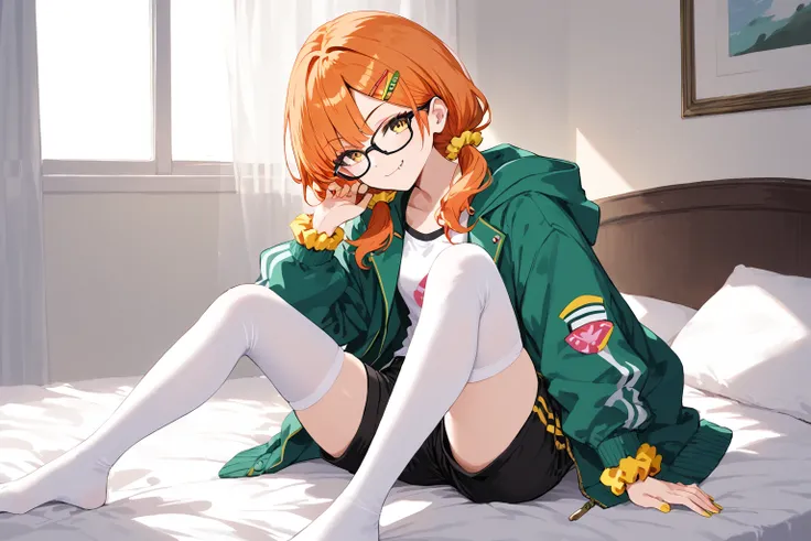 score_9, score_8_up, score_7_up, rating_safe, masterpiece, best quality, very aesthetic, absurdres, 1girl, solo, orange hair, (medium hair, low twintails), yellow eyes, glasses, black glasses, yellow scrunchie, wrist scrunchie, (left hair on hairclip, red ...