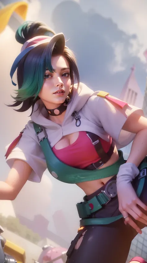  The image shows a 3D rendering of a female character with green hair, wearing a white shirt and a red bra, standing in a cityscape.