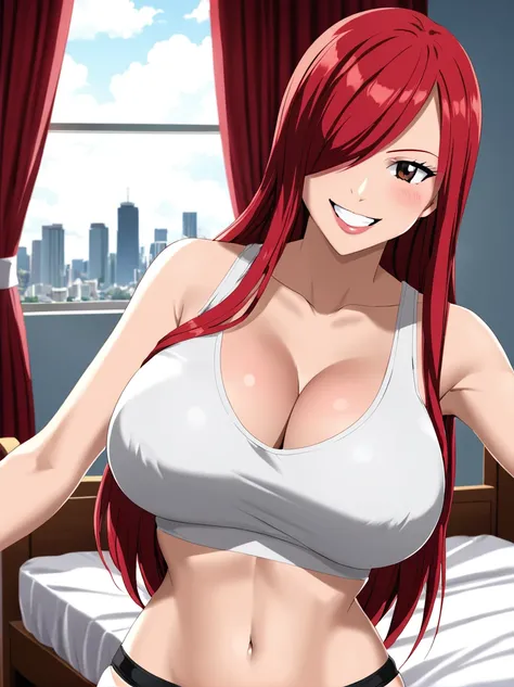 Erza, red hair, navel, crop top, , tank top, collarbone, 1girl, bare shoulders, midriff,cleavage, hair over one eye, large breasts, underwear, long hair,animerza, looking at viewer, grin, brown eyes ,masterpiece, best quality, room, big breasts, cleavage, ...