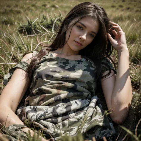 Women laying on her stomach, laying on grass, bleading in to the background, military ghillie suit