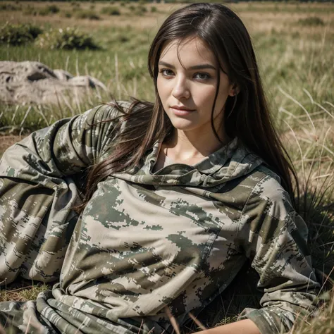 Women laying on her stomach, laying on grass, bleading in to the background, military ghillie suit