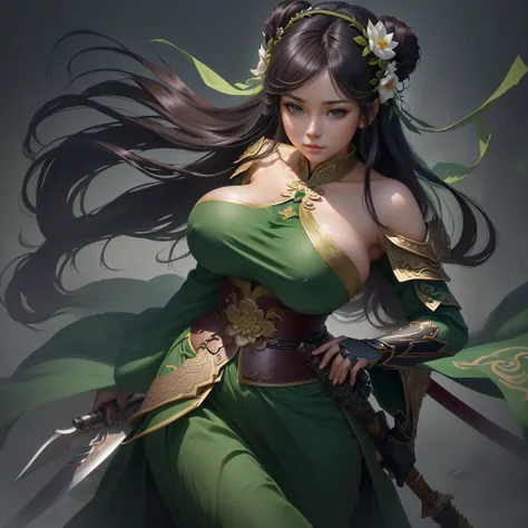 a woman in a green dress holding a sword and a flower, inspired by Li Mei-shu, inspired by Shen Zhou, inspired by Wu Li, inspired by Wu Zuoren, yun ling, inspired by Ju Lian, inspired by Li Tang, full body xianxia, inspired by Qiu Ying, inspired by Lan Yin...