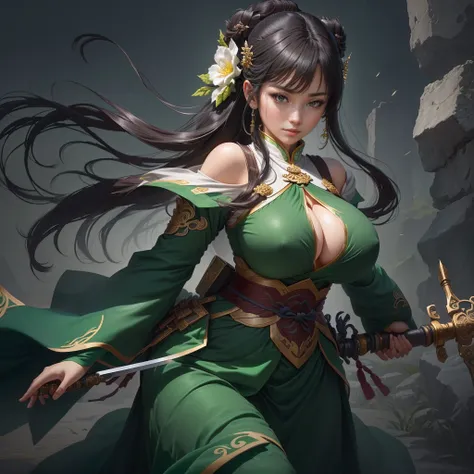 a woman in a green dress holding a sword and a flower, inspired by Li Mei-shu, inspired by Shen Zhou, inspired by Wu Li, inspired by Wu Zuoren, yun ling, inspired by Ju Lian, inspired by Li Tang, full body xianxia, inspired by Qiu Ying, inspired by Lan Yin...