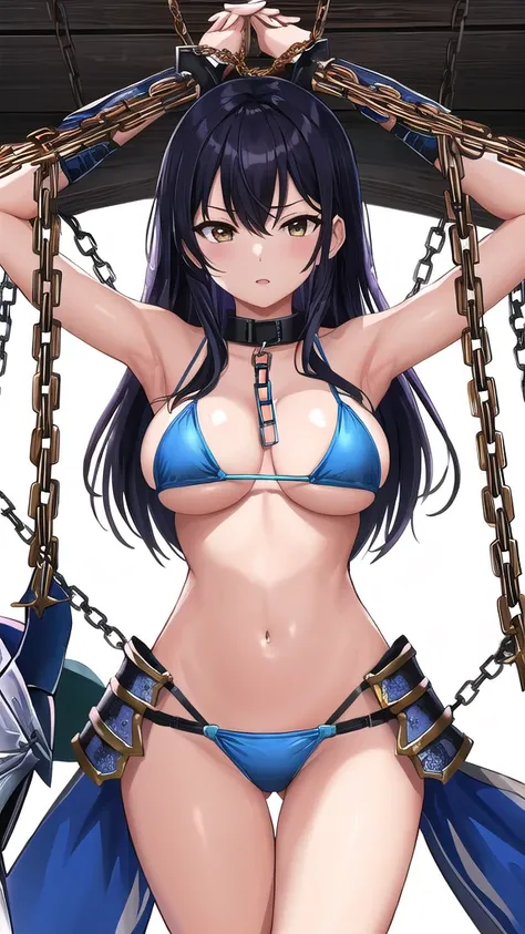 Art inspired by Masamune Shirow,  Armor Girl, Bikini Armor, Bikini Armor, Bikini Armor female knight, Bikini Armor, tits, Knight Girl, tits、Sexy pose,topless, White thighs,Vertical belly button、Skin radiance,Black hair,, ww chain, Spread your arms, Tying y...