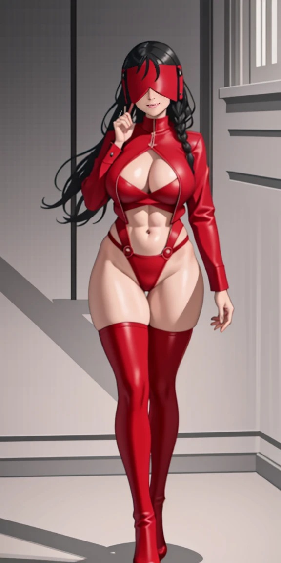 (masterpiece, HI quality: 1.1) 1girl full body standing good face, nice ass, hairstyle: braid, Color Hair: WHITE long hair, Blindfolded: NO EYES, Skin: White (porcelain skin, sparkly skin), muscular, thighs, Mature woman, Abs, looks at the viewer smiling, ...