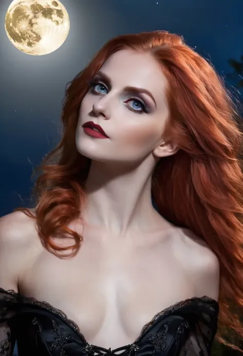 a woman with a compelling and dramatic look, her striking red hair vibrant against the night sky. she wears a fitted black gown ...