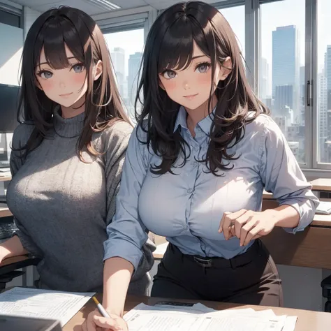 1lady sitting (crossed legs), office worker (stylish outfit), (gray vest) (pencil skirt), mature female, /(dark brown hair/) bangs, blush kind smile, (masterpiece best quality:1.2) delicate illustration ultra-detailed, large breasts, pantyhose BREAK (moder...