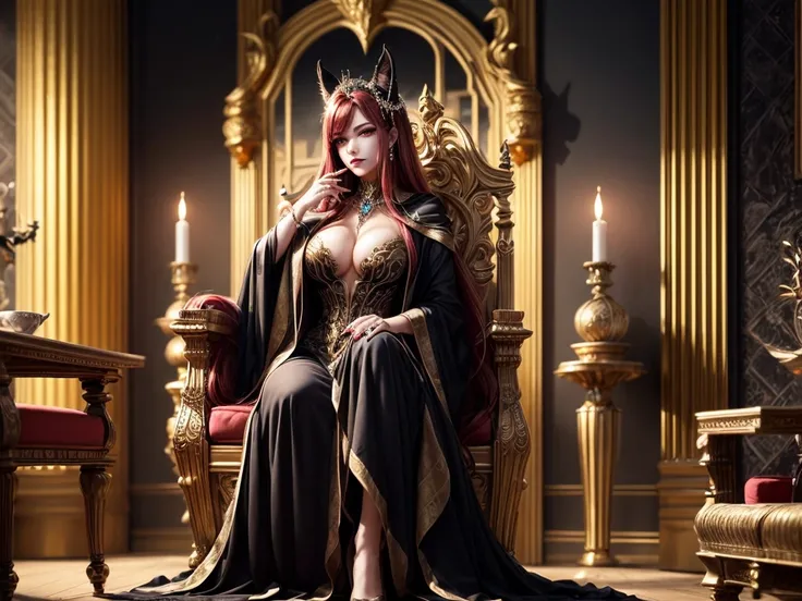 In the dark castle throne room on the huge royal throne in seductive pose siting beatiful demon queen, She have beautiful face with pink eyes rakr eye shadows and dark lipstick sexy make up, golden ring shape earrings on her ponty ears. she have long gorge...