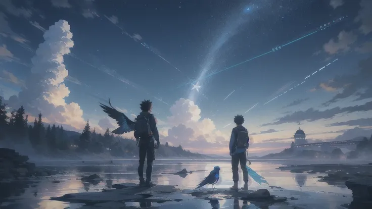 真っ暗なnight空,Octane, star (null), scenery, Blue parakeet,The acoustic guitar is in front of the body.,star, night, A girl and a boy standing back to back, Back view, alone, Outdoor, city,river,Blue parakeet,building, cloud, 天のriver,silhouette