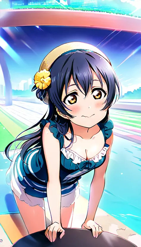 18-year-old mature woman, Umi Sonoda, full body, dressed for going out in the city in midsummer, hands on knees, leaning forward and looking up at the viewer, slightly flushed cheeks, medium chest, cleavage visible, id_umi_sonoda, city background, 8k