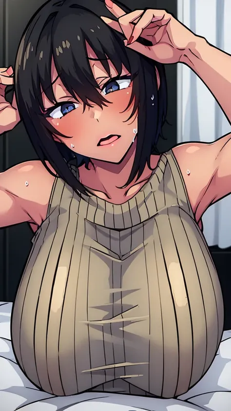 beautiful, (masterpiece:1.2), (best quality:1.2), perfect eyes, perfect face, perfect lighting, 1girl, black hair, bob cut, hair covering one eye, grey sleeveless sweater, look at the viewer, (ahegao:0.5, wide angle:0.8),arms up, (steam,sweat), sexy pose、b...