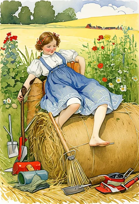 painting of a laying on a hay bale with gardening tools, inspired by Randolph Caldecott, by Barbara Nessim, inspired by Elsa Beskow, inspired by Carl Larsson, illustration”, inspired by Konstantin Somov, storybook illustration, by Mori Sosen, childrens ill...