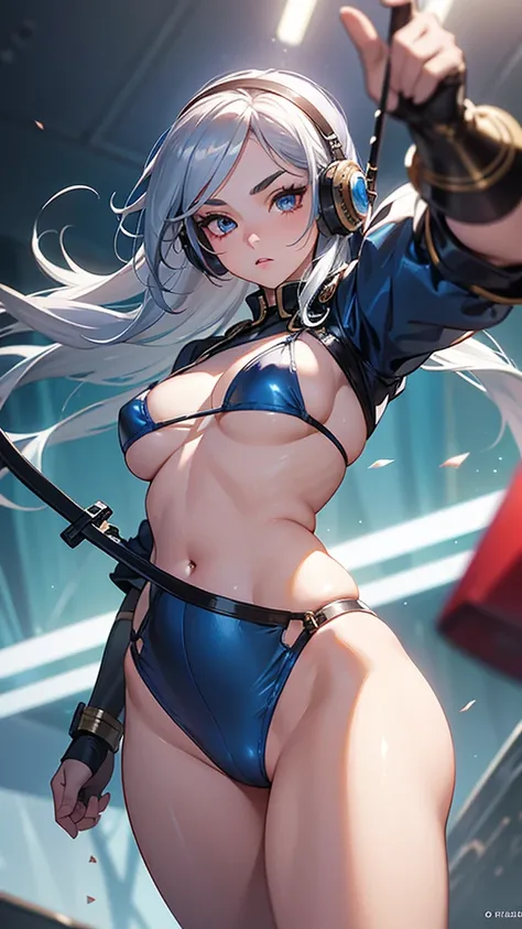 elf, red cheeks, detailed details (face, eyes, eyebrows, eyelashes) , fighting pause, official art, masterpiece, highest quality, portrait photo of one girl, 14-year-old girl, wearing a fight girl(micro bikini, silver color, metallic, ) 8k, long hair( blue...