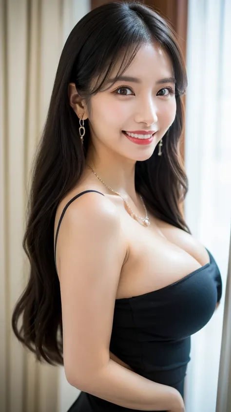 1 girl, national foundation, (hotel background), ((32k, raw, masterpiece: 1.5)), (Professional photography, sharp:1.2), Perfect dynamic composition, (Natural sun light), (soft shadow), (((hourglass figure))), ((huge round breasts:1.3)), (((((black long hai...