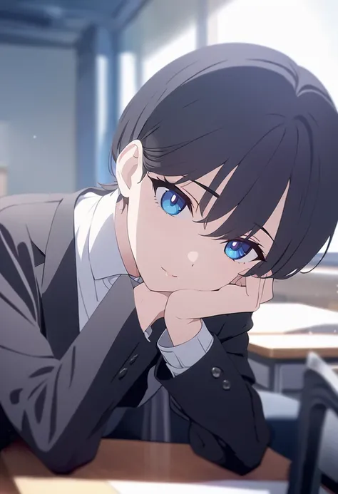 masterpiece,best quality,depth of field,8k,looking at the viewer,dark gray hair,blue eyes,(charismatic eyes 1:1),chic,Black suit pants,plain white shirt,alone,College student sitting at desk in classroom