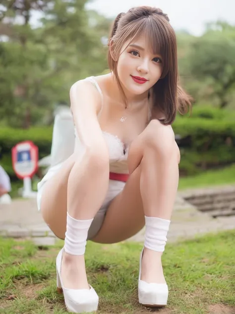 italian woman in alafe sitting on the ground with legs crossed, red lips,pretty face with arms and legs, Korean Girl, chiho, young and cute girl, the anime girl is crouching, Round thighs, Casual pose, Young Pretty Gravure Idol, 19-year-old girl, Sitting o...