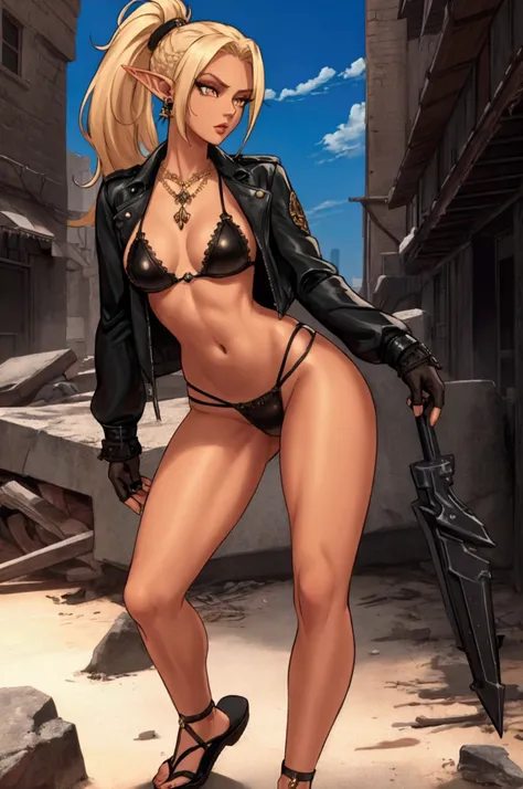 8K, Top Quality, Intricate Details, Ultra Detail, Ultra High Resolution, Masterpiece, full body, Very tall, dark skinned female elf; slender, blonde hairs and incredible long ponytail; strong makeup; brown eyes; small pointy breast; sensual midriff; wearin...