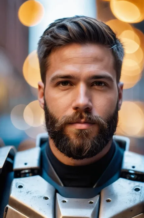 close up Portrait photo of muscular bearded guy in a worn mech suit, ((light bokeh)), intricate, (steel metal [rust]), elegant, sharp focus, photo by greg rutkowski, soft lighting, vibrant colors, masterpiece, ((streets)), detailed face