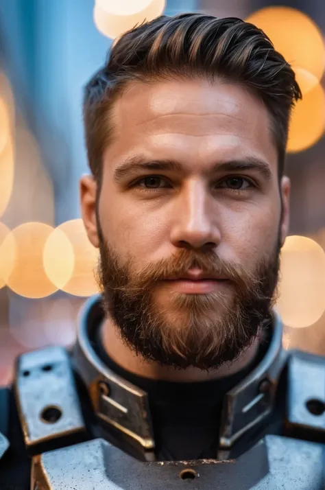 close up Portrait photo of muscular bearded guy in a worn mech suit, ((light bokeh)), intricate, (steel metal [rust]), elegant, sharp focus, photo by greg rutkowski, soft lighting, vibrant colors, masterpiece, ((streets)), detailed face