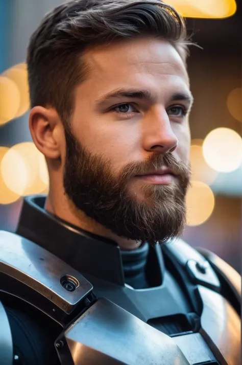 close up Portrait photo of muscular bearded guy in a worn mech suit, ((light bokeh)), intricate, (steel metal [rust]), elegant, sharp focus, photo by greg rutkowski, soft lighting, vibrant colors, masterpiece, ((streets)), detailed face