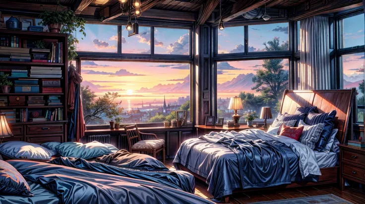 a bedroom with a bed and a book shelf, sunrise coloring the room, photorealistic room, bedroom in studio ghibli, painting of a room, soft glowing windows, personal room background, dream atmosphere, a sunny bedroom, cozy room, bedroom background, by Evgeny...