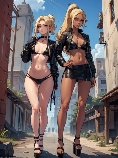 8K, Top Quality, Intricate Details, Ultra Detail, Ultra High Resolution, Masterpiece, full body, Very tall, dark skinned female elf; slender, blonde hairs and incredible long ponytail; strong makeup; brown eyes; small pointy breast; sensual midriff; wearin...