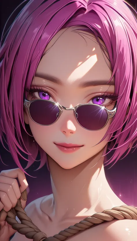 (Highest resolution, clear_image) Highest quality, a females masterpiece, Very detailed, Semi-realistic,(Most of the body), (Highest quality, masterpiece, Ultra-realistic),Magenta hair, Straight Cut, , , Shadows appear in the eyes, short hair, ,Part your b...