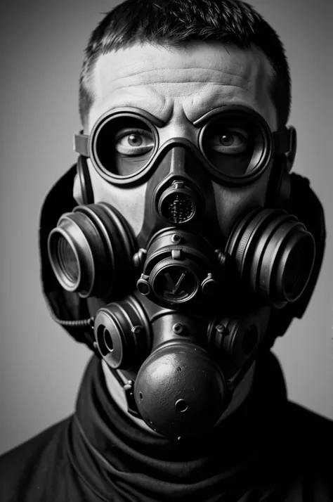 Scary guy with old gasmask stare at viewer no background and picture is black and white