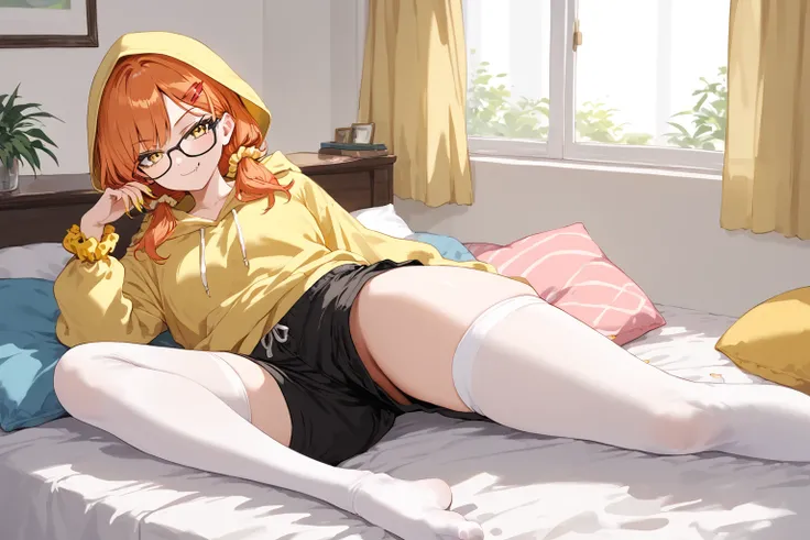 score_9, score_8_up, score_7_up, rating_safe, masterpiece, best quality, very aesthetic, absurdres, 1girl, solo, orange hair, (medium hair, low twintails), yellow eyes, glasses, black glasses, yellow scrunchie, wrist scrunchie, red hairclip, (nail polish, ...