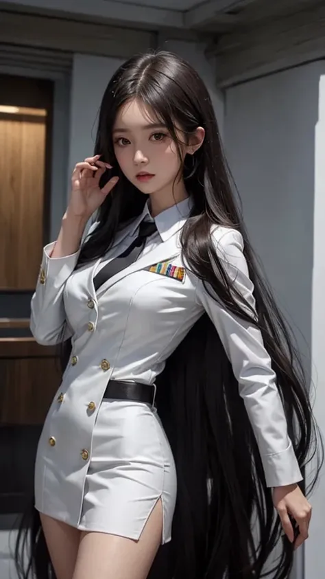 business woman, beautiful woman, Decorated with military insignia, Wear a suit and tie., Short skirt, businessuitwhite, กระโปรงดินสอสั้นwhite, businessuitรัดรูป, All white outfit, Emphasize the curves of the body, (สาวสวยTwo meter long hair, my hair is ver...