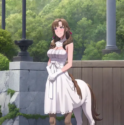 Centaur, centaur body below waistline, masterpiece, (best quality), 1woman,1girl ,mamako_oosuki,   brown hair,  long hair, french braid, purple eyes,mature female, dress, white dress, (big breasts), ribbon,sexy woman,smile,  white gloves,closed clothes, em...