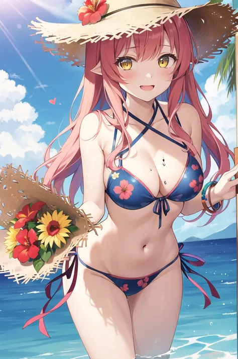 Girl、cute、Yandere、Menhera、Princess、Young、Loriコン、、Young、cute、Yellow Eyes、Pink Hair、Super Long Style、Half Twin、hibiscus、Straw hat、Big ribbon、cute、Spoiled、Watery eyes、heart、heart，smile、be happy、Eyes glow pink、Red cheeks、Hawaii、Floral print bikini，Smaller ches...