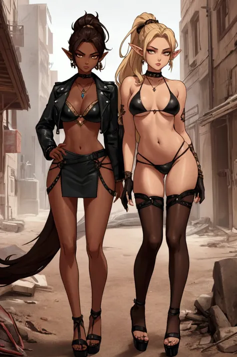 8K, Top Quality, Intricate Details, Ultra Detail, Ultra High Resolution, Masterpiece, full body, Very tall, dark skinned female elf; slender, blonde hairs and incredible long ponytail; strong makeup; brown eyes; small pointy breast; sensual midriff; wearin...