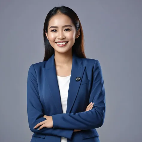 Photography image of an Indonesian female customer service person wearing a black wireless mic, wearing a blue long jacket. Radiant face, smile, charismatic. Background view whait. Realistic, ultra hd 24k, stand full body view.