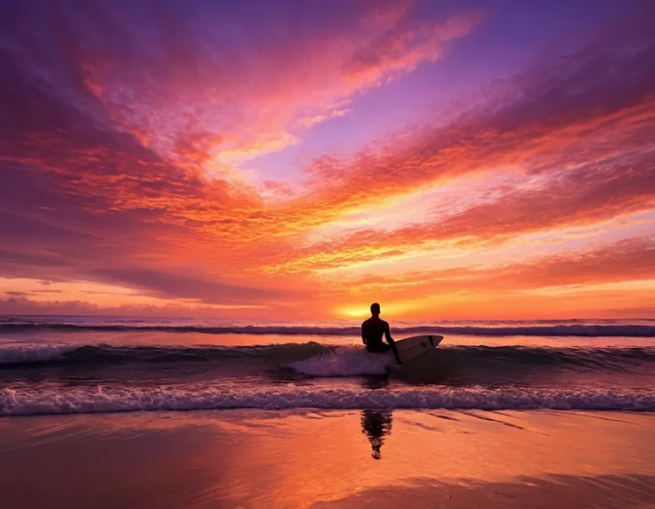 Surfer sitting on a surfboard, Waiting for the perfect wave, A breathtaking sunset paints the sky orange as a backdrop, pink, Purple and