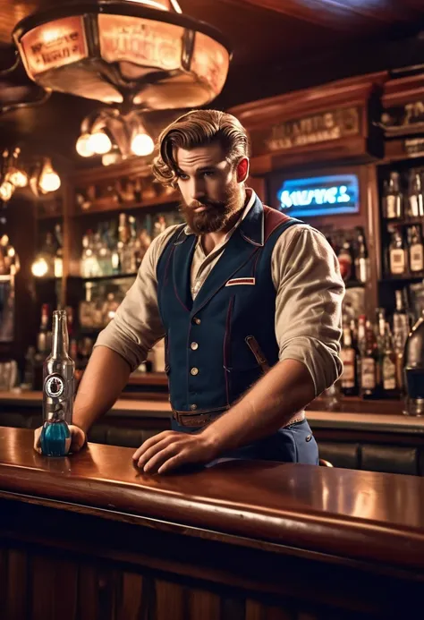 A captivating cinematic photo of Captain America with beautiful, wavy hair and a stylish beard. He stands confidently behind a bar, holding a microphone and singing into it with a smile. The bar is dimly lit, with vintage-style decorations and a few patron...